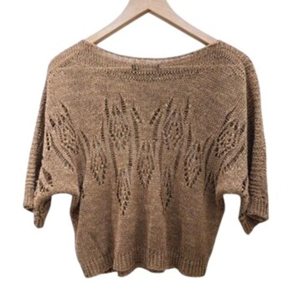 Nic + Zoe Crochet Knit Sweater Top Brown Open Weave Womens PS Short Sleeve Boho‎ - Picture 2 of 12